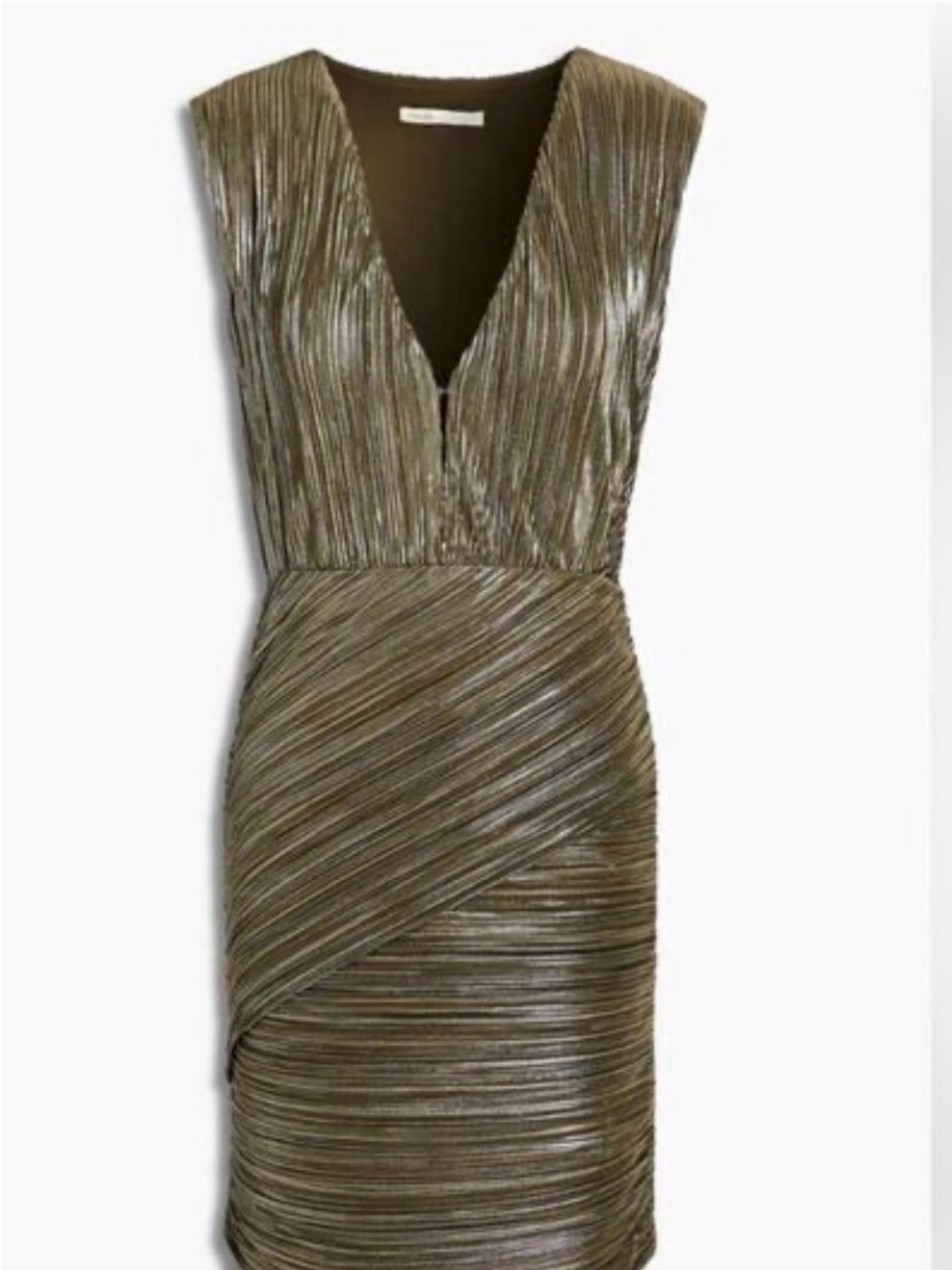 Maje Metallic Olive Pleated V-Neck Midi Dress